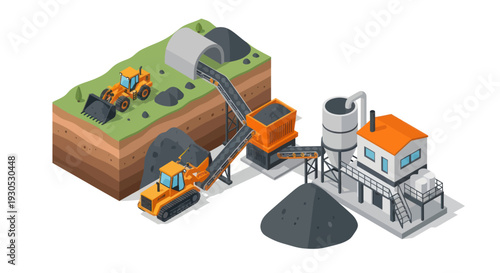 Isometric illustration of a coal mining operation, showing excavation, transportation, and processing facilities.