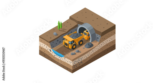 Isometric illustration depicting a mining operation with a dump truck excavating materials and transporting them through an underground tunnel.