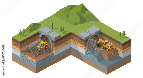 Cross-section illustration showing two methods of tunnel construction, one using a tunnel boring machine and the other using excavation.