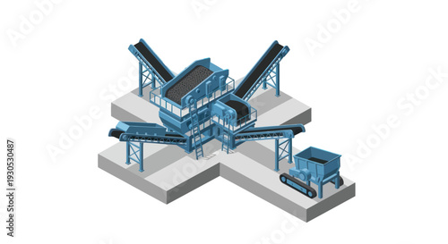 Isometric illustration of a complex industrial crushing and screening plant with multiple conveyor belts and processing units.