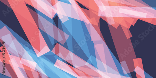 Abstract geometric background with transparent overlapping rectangular shapes in pink, blue and red. Modern digital vector art with a dynamic and fragmented design, ideal for contemporary projects