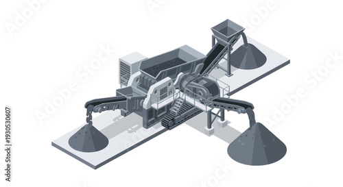 Industrial machine with conveyor belts and funnel shaped containers.