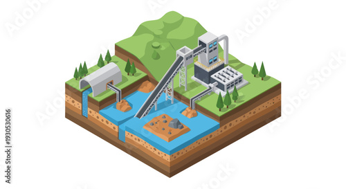 Isometric illustration of an oil extraction site with machinery and infrastructure.