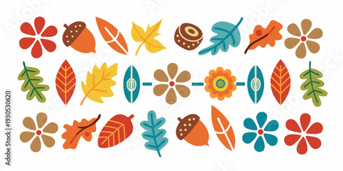 A colorful collection of stylized autumn leaves flowers and botanical shapes