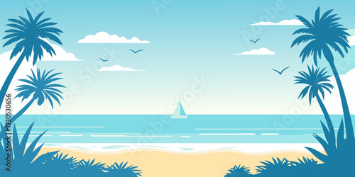 Tropical beach scene with palm trees ocean waves and a distant sailboat