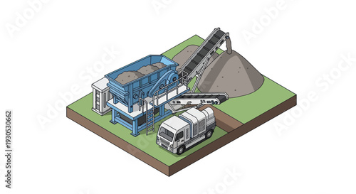 3D rendering of a construction site with machinery and materials.