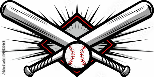 Crossed baseball bats with a baseball and dynamic starburst background