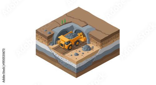 Isometric illustration of a construction site with excavator digging into the earth.