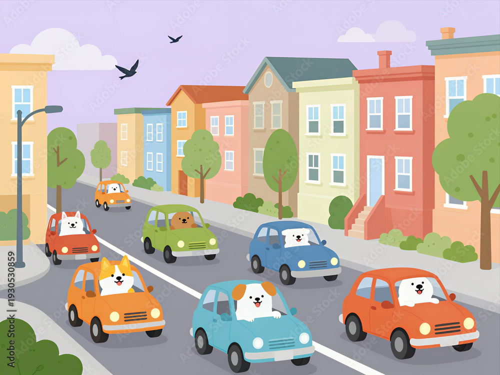 Naklejka premium Cute Cartoon Dogs Driving Colorful Cars Down a Suburban Street with Pastel Houses and Trees in a Cheerful Vector Illustration Style