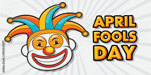 A cartoon jester s head advertises an april fools day celebration