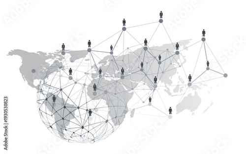 Black and White Networks, Business or Social Media Connections Concept Design with Grey World Map and 3D Polygonal Mesh on Isolated White Background - Businessman Figures Connected with Polygonal Mesh