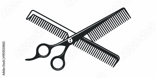 Black and white illustration of crossed barber scissors and comb