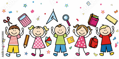 Happy children with school supplies and colorful shapes in a cartoon style