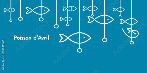 Stylized white fish illustrations hang against a teal background