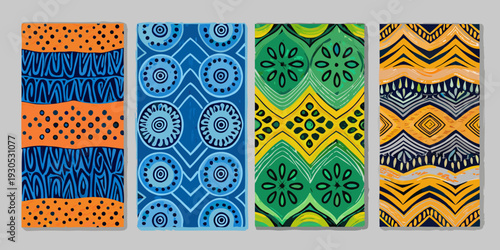 Four vibrant rectangular textiles display diverse african inspired geometric patterns