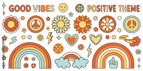Colorful stickers with rainbows flowers and peace symbols evoke positivity