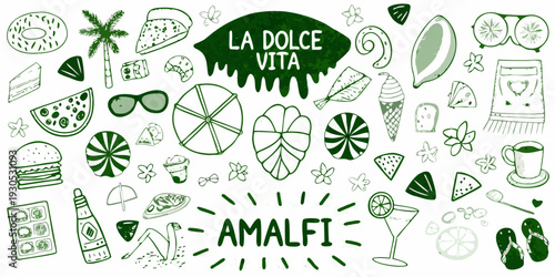 Hand drawn illustrations of italian summer elements food flowers and accessories