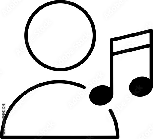 Person silhouette and musical note icon, an outline symbol for music or audio user profile, vector illustration for app display