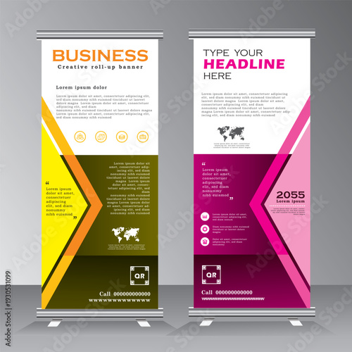 Roll up banner desing, roll up banner template with geometric background, vertical banner template with yellow and pink colour, vector eps 10