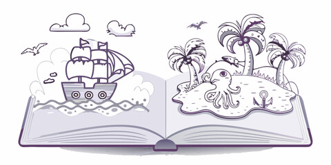 Wandcirkels Piraten Open boek met piratenschip avontuur  © Juran