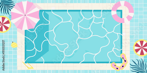Aerial view of a turquoise swimming pool with summer accessories