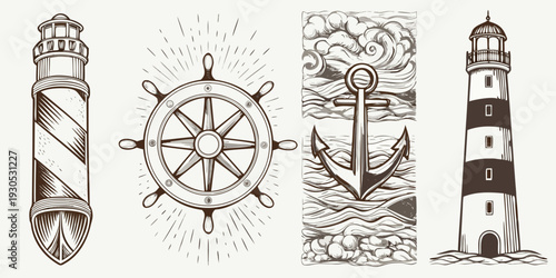 Nautical themed vintage illustrations of lighthouses wheels and anchors