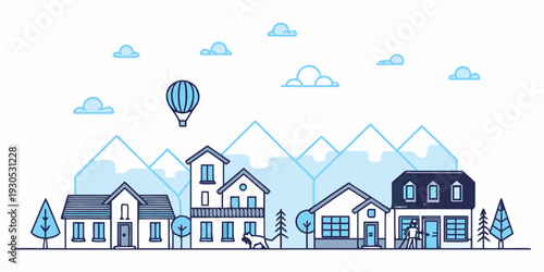 Stylized illustration of a town with mountains and a hot air balloon