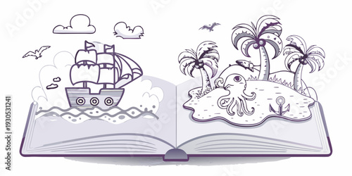 An open book reveals a whimsical scene of a pirate ship and island
