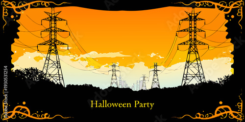 Silhouetted power lines against a vibrant orange and cloudy sunset sky