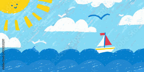A child s crayon drawing depicts a sunny seascape with a sailboat