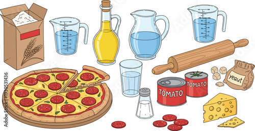 Pizza Making Ingredients Vector Illustration Set with Homemade Pepperoni Pizza Flour Olive Oil Tomato Cans Cheese and Rolling Pin