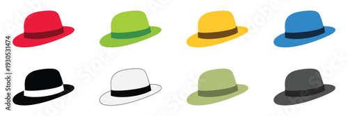 Colorful Hat Icons Set Vector Illustration – Flat Design Fedora, Top Hat and Cowboy Hat Collection for Fashion and Apparel 
Branding