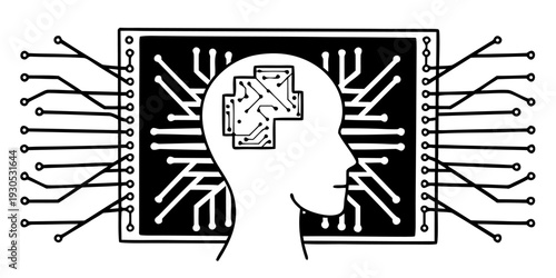 Futuristic AI Human Head with Glowing Circuit Lines