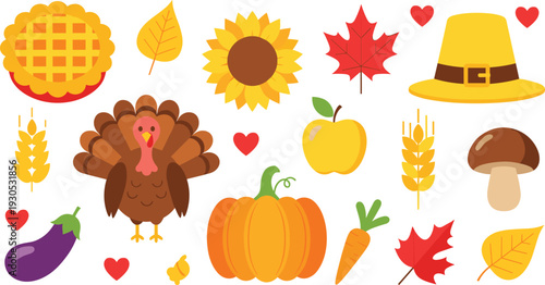 Thanksgiving and Autumn Harvest Vector Illustration Set with Turkey Character Pumpkin Pie Sunflower Maple Leaves and Pilgrim Hat Icons