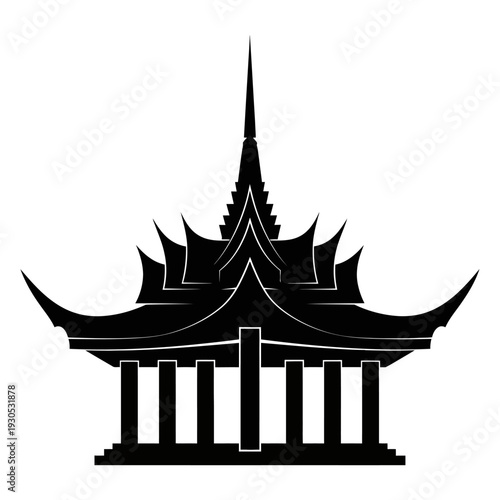 Traditional Thai Pavilion Silhouette Black and White Illustration.
