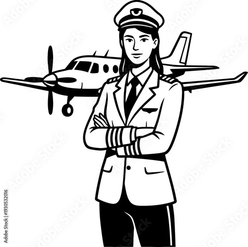 Woman pilot in uniform with crossed arms standing front of a small airplane. Aviation career or travel vector illustration