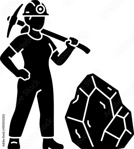 Woman miner with pickaxe and coal rock, mining industry profession concept. Female worker labor job. Simple glyph pixel perfect vector icon