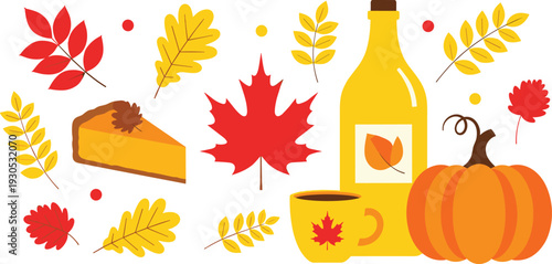 Autumn Harvest and Thanksgiving Celebration Vector Set with Pumpkin Pie Maple Leaves Whole Pumpkin and Festive Beverage Icons in Flat Style