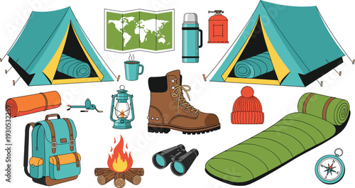 Camping and hiking equipment collection with tent, backpack, sleeping bag, boots, lantern, map, compass, and campfire for outdoor adventure vector illustration.