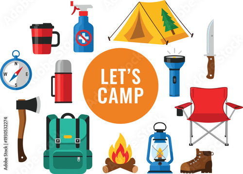 Camping adventure elements with tent, backpack, lantern, campfire, compass, axe, chair, thermos, and hiking boots for outdoor travel vector illustration.