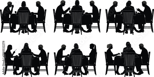 Family dinner silhouettes at dining table, people eating and talking together, home mealtime scene vector illustration isolated