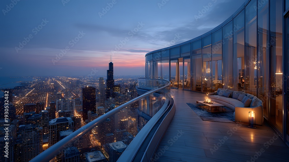 Naklejka premium Sleek modern glass balcony of a luxury high-rise penthouse offering a breathtaking panoramic view of a sprawling metropolis at twilight.