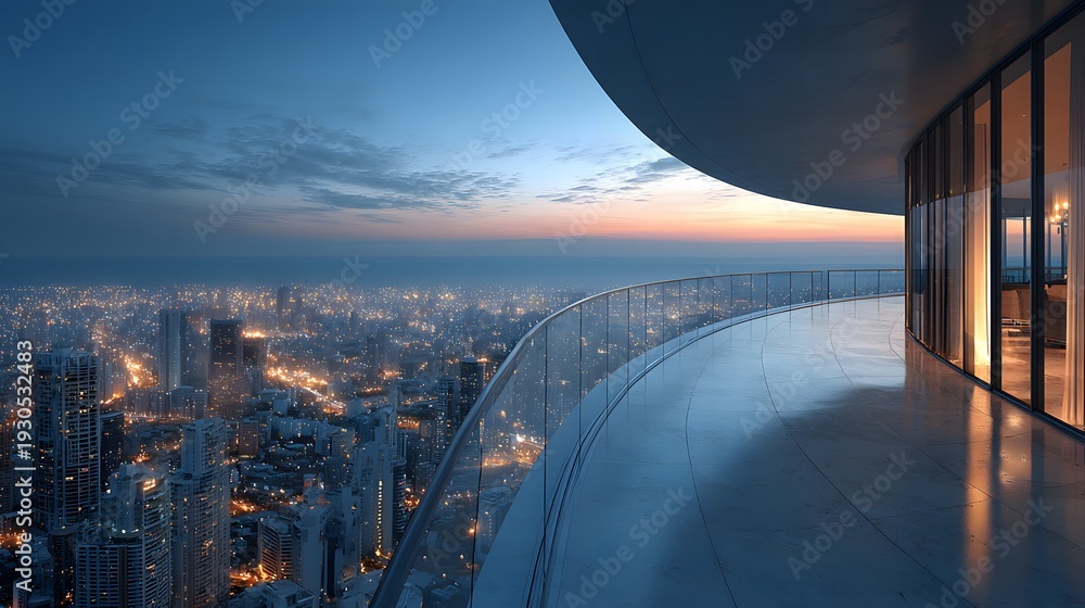 Obraz premium Sleek modern glass balcony of a luxury high-rise penthouse offering a breathtaking panoramic view of a sprawling metropolis at twilight.