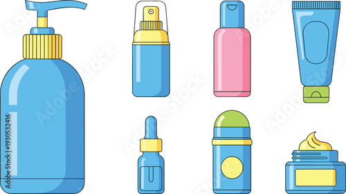 Cosmetic Packaging and Skin Care Products Vector Illustration Set with Pump Bottle Spray Mist Dropper Cream Jar and Beauty Tube Icons