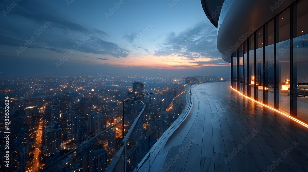 Naklejka premium Sleek modern glass balcony of a luxury high-rise penthouse offering a breathtaking panoramic view of a sprawling metropolis at twilight.