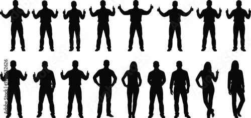 Confident business people silhouettes with thumbs up gestures, corporate team standing poses, professional success concept isolated vector illustration