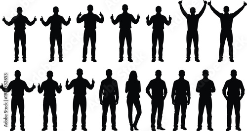 Confident business people silhouette collection showing positive gestures, thumbs up and raised hands, professional team vector illustration isolated on white