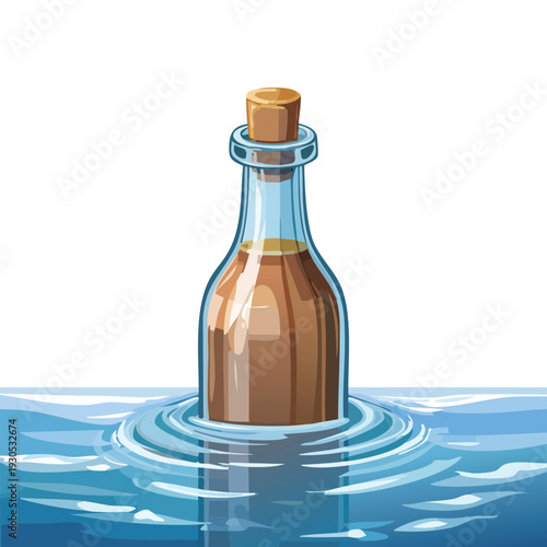 Cartoon message bottle floating in water