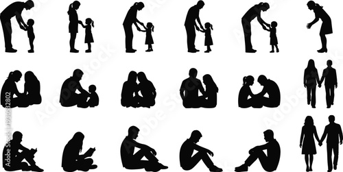 Family love silhouettes set, parents and children bonding moments, sitting reading walking together, black vector illustration isolated on white