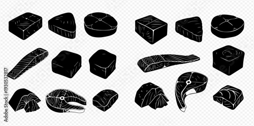Set of various raw meat and fish cuts in black and white silhouette style, perfect for culinary designs and grocery store graphics.